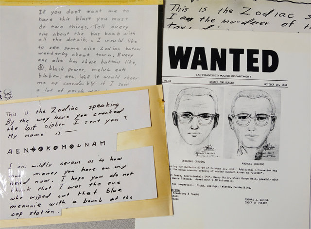 미국 연쇄살인범 ‘조디악’의 현상 수배 전단과 조디악이 1969년 샌프란시스코 지역 신문에 보낸 편지 사본. 샌프란시스코=AP 뉴시스