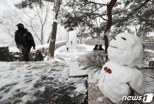 중부지방 곳곳에 눈이 내리는 가운데 13일 오전 서울 남산에서 시민들이 첫눈을 감상하고 있다.  2020.12.13 © News1