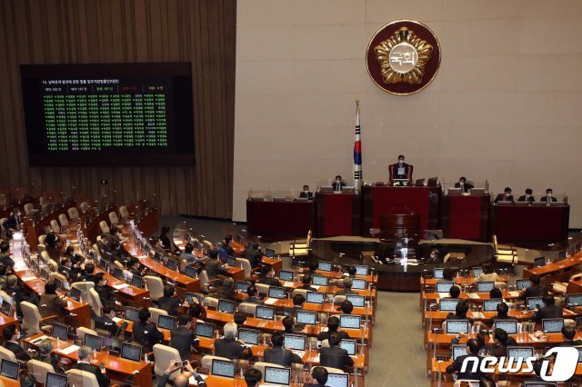 14일 서울 여의도 국회에서 열린 본회의에서 남북관계발전에 관한 법률 일부개정안(대북전단금지법 개정안)이 재석187인 찬성187인으로 통과되고 있다. 2020.12.14/뉴스1 © News1