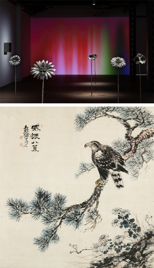 위쪽 사진은 페로탱 상하이 갤러리에서 열리고 있는 로랑 그라소의 개인전 ‘Future Herbarium’(미래 식물 표본실). 뒤편의 LED 스크린 작품 ‘Solar Wind’(태양풍)의 빛이 앞에 있는 꽃 모양의 브론즈 조각을 비춘다. 아래 사진은 의재 허백련(1891∼1977)의 ‘위진팔황’(1953년). 전남도립미술관 제공