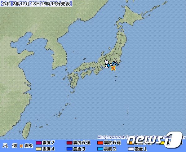 일본 도쿄도 남쪽 이즈제도 도시마 지역에서 18일 규모 5.1의 지진이 발생했다… X 표시가 지진 발생 지점. (일본 기상청) © 뉴스1