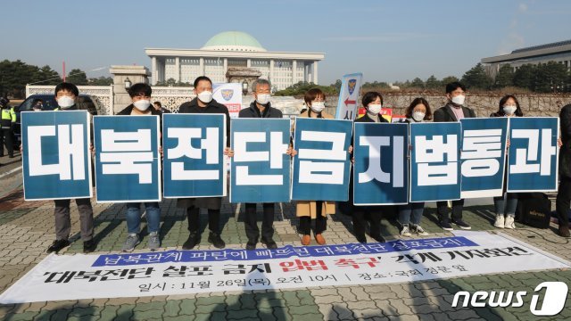 6·15 공동선언실천 남측위원회 등 시민단체 회원들이 26일 서울 여의도 국회 앞에서 기자회견을 열고 대북전단살포 금지법 입법을 촉구하고 있다. 2020.11.26/뉴스1 © News1