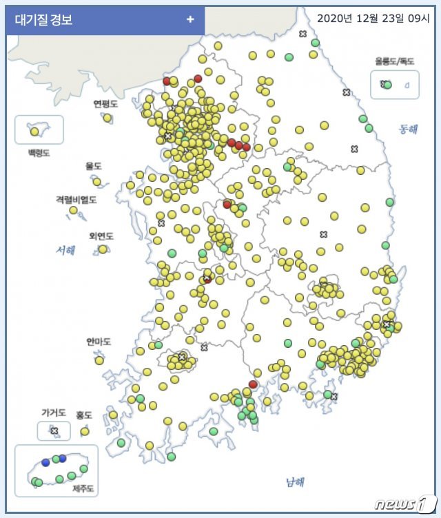 23일 오전 9시 기준 초미세먼지 ‘나쁨’ 분포도(한국환경공단 제공) © 뉴스1