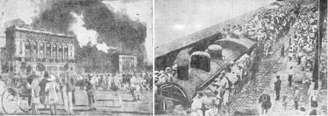 1923년 9월 1일 발생한 대지진으로 일본 간토지방은 쑥대밭이 됐다. 왼쪽 사진은 도쿄 중심부의 랜드마크인 마루노우치 빌딩이 불타는 모습, 오른쪽은 여러 차례의 지진과 화재로 아비규환이 된 도쿄를 탈출하기 위해 필사적으로 기차에 매달린 피난민들.