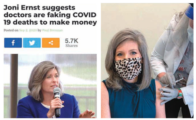 올해 9월 “의사들이 돈을 벌려고 코로나19 사망자를 부풀리고 있다”(왼쪽 사진)고 주장했던 조니 언스트 공화당 상원의원은 최근 백신 접종을 마쳤다(오른쪽 사진). 데일리메일