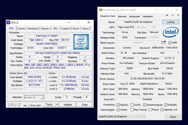 레노버 요가 슬림 7i 카본 i7 모델의 CPU-Z(좌) 및 GPU-Z(우) 결과. 출처=IT동아