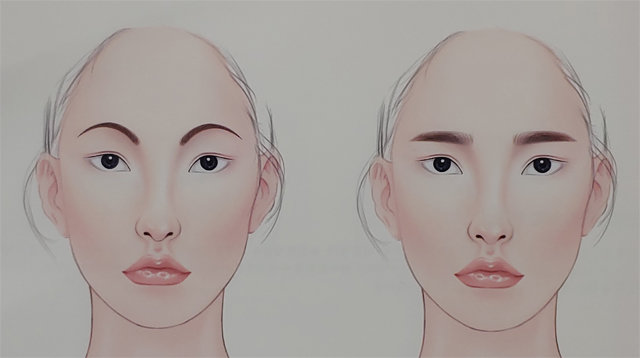 긴형 얼굴에는 ’아치형’ 눈썹보다는 ’일자 수평형’(오른쪽) 눈썹이 길어보이는 얼굴을 보완해줄 수 있다. 지오미디어 제공