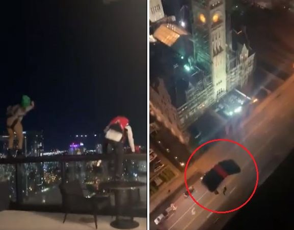 미국 테네시주 내슈빌의 그랜드하얏트 호텔 25층 루프탑바에서 신원미상의 두 남성이 갑자기 뛰어내렸다. 낙하산을 메고 있던 이들은 인근 주차장에 착지한 뒤 차를 타고 사라졌다. 제보자 아만다 배글리 트위터 캡처