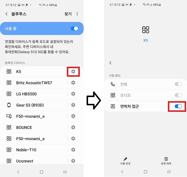 갤럭시 시리즈의 블루투스 설정 메뉴에서 '연락처 접근' 항목을 활성화하는 과정 (출처=IT동아)