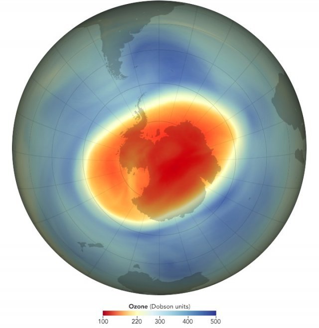 2020년 발생한 대규모 남극 오존 구멍, 붉을 수록 오존의 농도가 낮다. (국제기상기구 홈페이지 갈무리) 2021.01.11 /뉴스1