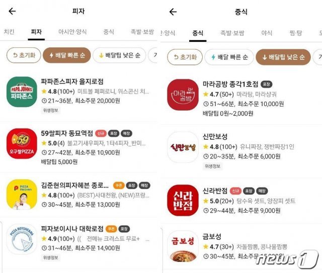 서울 종로구 기준, 배달의민족 앱 내 ‘배달 빠른순’ ‘배달팁 낮은 순’ 검색 결과 © 뉴스1