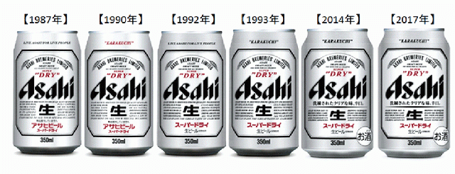 아사히 슈퍼드라이 맥주의 제품 디자인 변천사. 1980년대 중반까지만 해도 일본 맥주 업계 4위에 불과했던 아사히 맥주는 맥아 
함량을 줄인 ‘아사히 슈퍼드라이’를 선보이며 1990년대 들어 일본 맥주 시장을 선도했다. 특히 맛 외에도 ‘쿨한 이미지’의 
패키지로 일본 맥주 시장의 판도를 바꿨다는 평가를 받았다. 사진 출처 비어팔레트 홈페이지(beerpalette.jp)
