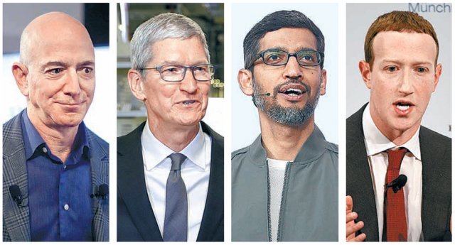 미국 빅테크 기업의 최고경영자(CEO)들. 왼쪽 사진부터 아마존의 제프 베이조스, 애플의 팀 쿡, 구글의 순다르 피차이, 페이스북의 마크 저커버그. AP 뉴시스