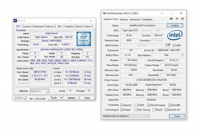 HP 프로북 450 G8의 CPU-Z(좌) 및 GPU-Z(우) 정보. 출처=IT동아