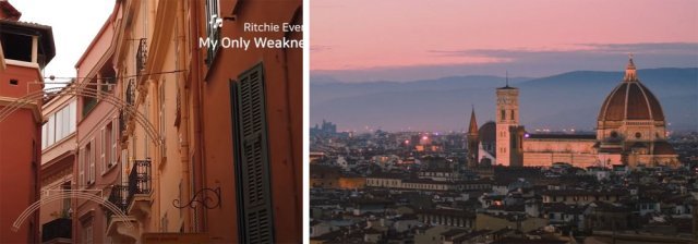 유튜브 채널 ‘우든체어’에서 선곡 리스트와 함께 펼쳐지는 유럽의 한 골목 풍경 영상(왼쪽 사진)과 채널 ‘리플레이 LEEPLAY’의 음악 영상 속 이탈리아 피렌체의 풍경 사진. 시청자들은 ‘지난해 유럽 여행이 취소됐지만 노래와 사진으로 아쉬움을 달래고 있다’는 댓글을 남겼다. 유튜브 화면 캡처
