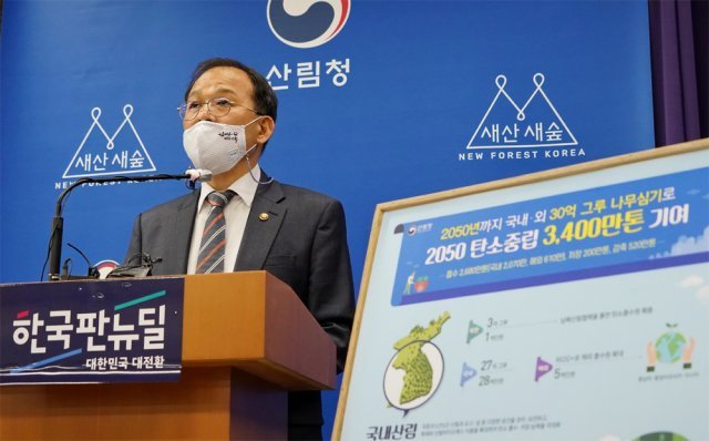 박종호 산림청장이 20일 정부대전청사에서 ‘2050 탄소중립 산림부문 추진전략(안)’을 발표하고 있다. 산림청 제공