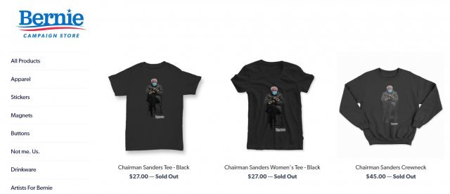 샌더스 의원의 사진으로 만든 티셔츠는 샌더스 캠프 공식 굿즈 판매 사이트에서 판매 개시와 동시에 모두 ‘매진’을 기록했다.