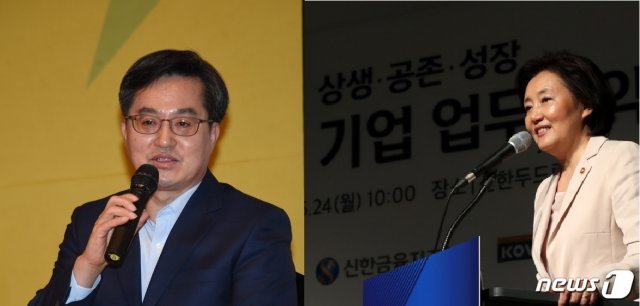 김동연 전 경제부총리(왼쪽)와 박영선 더불어민주당 서울시장 보궐선거 예비후보. 박 후보는 중소벤처기업부 장관 시절 김 전 부총리에게 서울시장 선거 출마를 권유했다. © 뉴스1