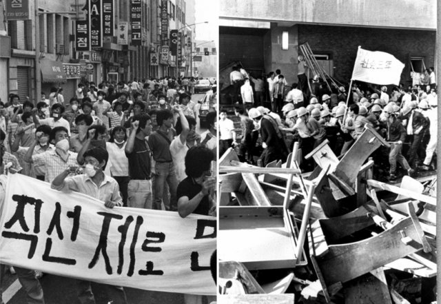 1987년 6.10항쟁 당시 거리로 나선 한국 대학생들(왼쪽)과 1968년 6월 일본 도쿄의 한 대학에서 시위를 벌이는 전공투 학생들. 사진출처: 동아일보DB 아사히신문