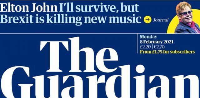 영국 일간 가디언의 8일자 1면에 ‘나는 살아남을 것이다. 하지만 브렉시트는 새 음악을 죽이고 있다’는 엘턴 존의 기고이 안내된 모습.