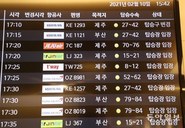 김포공항 출발시간표. 제주행 비행기가 거의 5분 단위로 이륙하고있다.