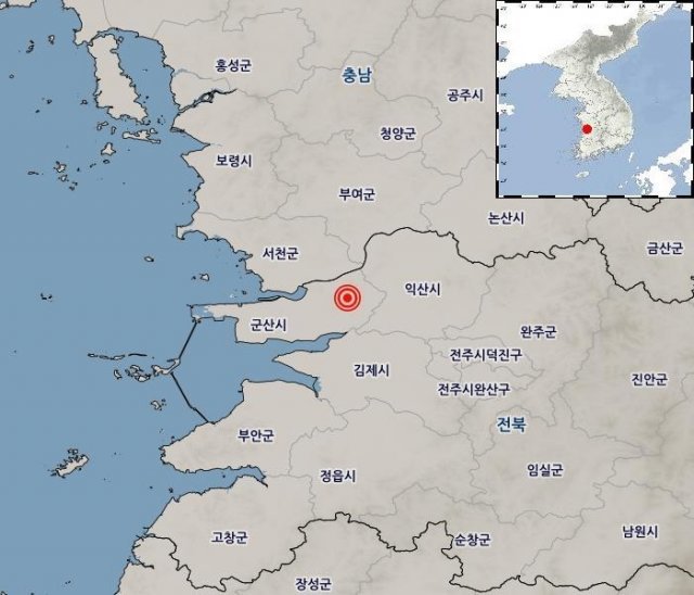 15일 오후 6시59분쯤 전남 군산 동북동쪽 10㎞ 지역에서 리히터 규모 2.5의 지진이 발생했다. © 뉴스1(기상청 갈무리)
