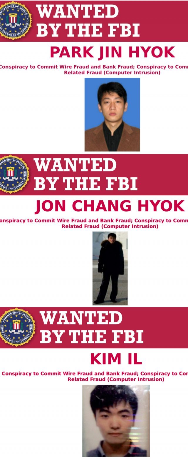 FBI 기소된 해커들 사진 공개 17일(현지 시간) 미국 법무부는 북한 해커 3명을 기소한 사실을 발표하고 이들의 사진을 공개했다. 위쪽부터 박진혁, 전창혁, 김일. 미국 법무부 제공