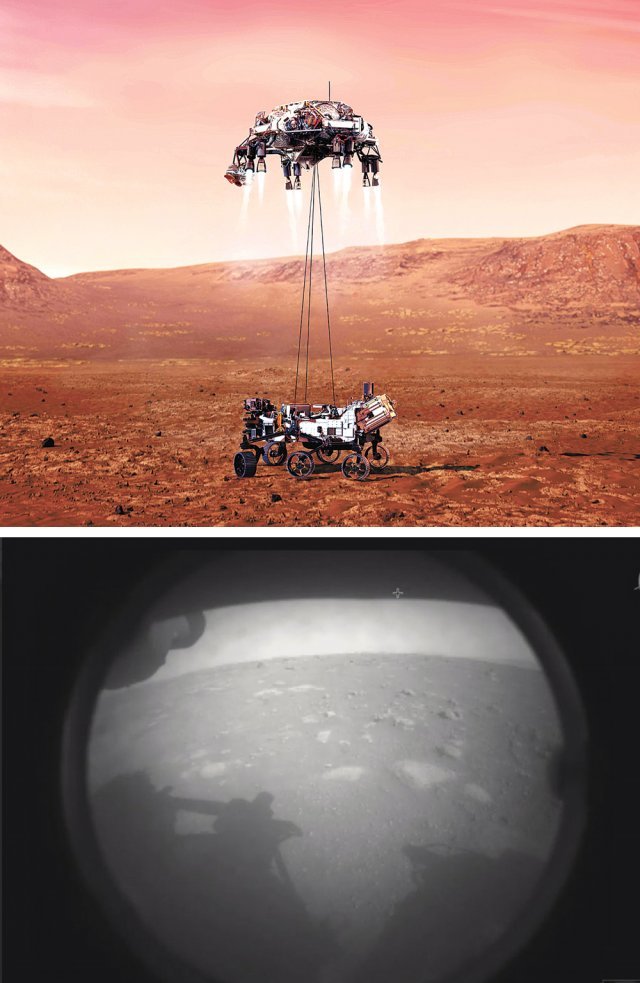 美 탐사로봇 퍼시비어런스, 화성 착륙해 사진 전송 19일 오전 5시 55분(한국 시간) 화성의 생명 흔적을 찾아 나설
 로버(이동형 탐사로봇) 퍼시비어런스가 화성 표면에 착륙했다. 위는 로버를 실은 스카이크레인(공중크레인)이 하강하며 줄을 내려 
퍼시비어런스를 착륙시키는 장면을 보여주는 그림이다. 아래는 퍼시비어런스가 착륙 후 지구로 전송한 최초의 사진으로 화성의 표면과 
퍼시비어런스의 그림자가 보인다. 이동을 위한 지형탐사용 카메라로 촬영한 흑백 사진이다. 퍼시비어런스는 앞으로 화성의 1년에 
해당하는 687일간 생명체의 흔적을 찾으며 지구에 보낼 첫 화성의 흙을 채취한다. 착륙 장소인 예저로(슬라브어로 호수) 
크레이터(움푹 파인 큰 구덩이)는 35억 년 전 강이 흐르며 퇴적물을 쌓은 흔적이 있어 과학자들은 유기물질이 풍부할 것으로 
추정하고 있다. 미국항공우주국(NASA) 제공