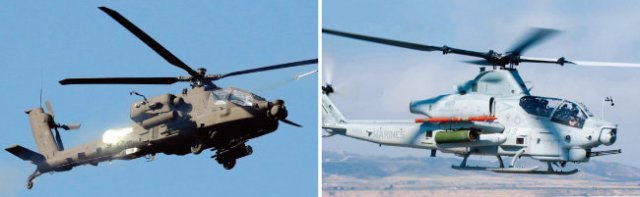 미군 AH-64E 아파치 가디언(왼쪽)과 AH-1Z 바이퍼 헬기. [뉴시스, 사진 제공 · 미국 해군]