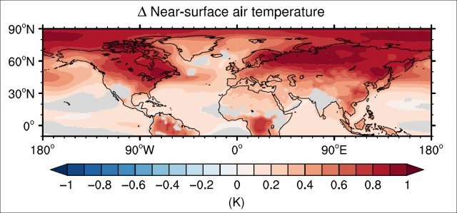전지구적 이산화탄소량 증가가 북극의 지구온난화를 가속시킨다는 연구 결과를 발표한 포항공대 국종성 교수·박소원 연구원의 논문. 
극지방(지도 맨 위쪽)의 붉은 색이 강할수록 온난화가 심각하다는 의미입니다. 자료: The intensification of 
Arctic warming as a result of CO2 physiological forcing, 네이처커뮤니케이션즈 게재, 
2020