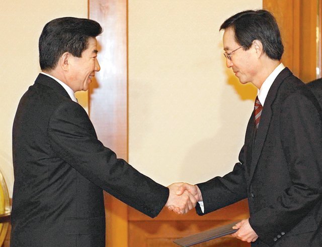 2003년 4월 노무현 대통령(왼쪽)에게서 신임장을 받고 있는 한승주 주미 대사.