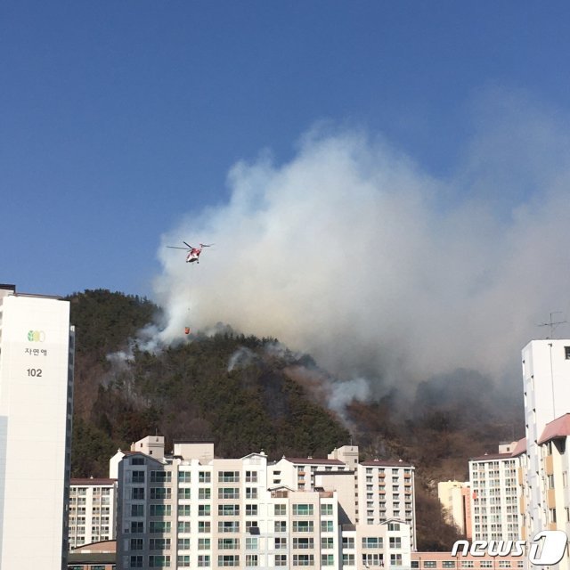 10일 낮 12시41분쯤 전남 광양시 중마동 가야산에서 화재가 발생했다. 신고를 받고 출동한 헬기가 화재 현장에 물을 뿌리고 있다.(독자 제공)2021.2.10/뉴스1 © News1