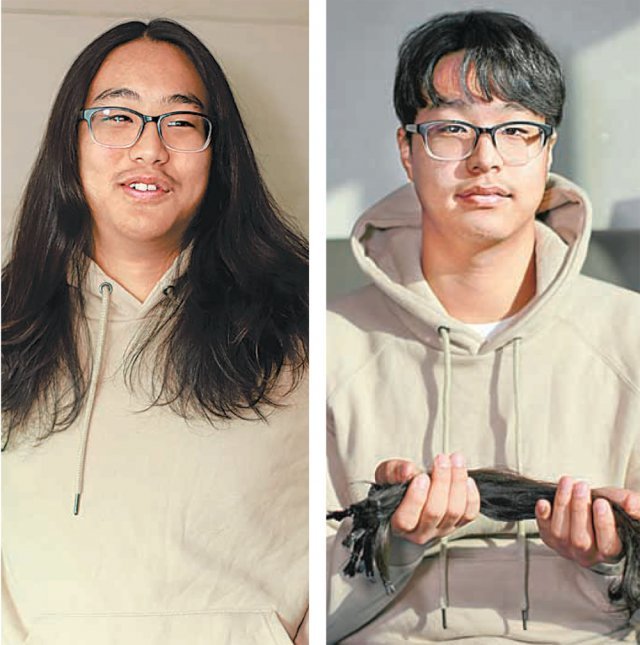소아암 환자를 위해 모발을 기증한 박정욱 군(16)의 머리 자르기 전(왼쪽 사진) 후 모습. 박정욱 군 제공