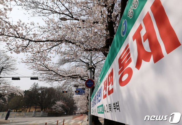 서울 영등포구 여의도 국회의사당 벚꽃길이 코로나19 확산 방지를 위해 전면 통제되고 있다. 2020.4.1/뉴스1 © News1
