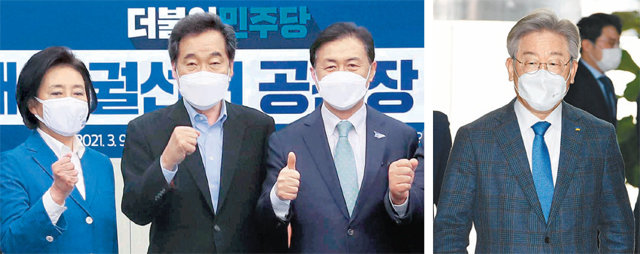 더불어민주당 박영선 서울시장 후보, 이낙연 대표, 김영춘 부산시장 후보(왼쪽 사진 왼쪽부터)가 9일 서울 여의도 국회에서 열린 
4·7 재·보궐선거 공천장 수여식에서 기념촬영을 하고 있다. 이재명 경기도지사(오른쪽 사진)는 이날 이 대표 주재로 국회에서 열린
 비공개 당무위원회에 참석했다. 사진공동취재단