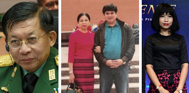 지난달 1일 쿠데타를 주도한 미얀마 최고사령관 민 아웅 흘라잉(왼쪽 사진)과 그의 아내(큐 큐 흘라·가운데 사진 왼쪽)와 
아들(아웅 퍄 손), 딸(킨 티리 테 몬). 로이터통신 등은 미 재무부가 흘라잉의 두 자녀가 장악한 기업체 6곳에 대해 미국 내 
자산 동결, 거래 금지 등의 제재를 가했다고 보도했다. 사진 출처 위키피디아·저스티스포미얀마