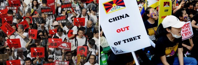 2019년 6월 중국 본토로의 범죄인 송환이 가능한 송환법에 반발해 시위를 벌인 홍콩 시민(왼쪽)과 같은 해 3월 인도로 망명한 후 중국의 탄압을 규탄하는 티베트인들. AP 뉴시스·사우스차이나모닝포스트(SCMP) 캡처