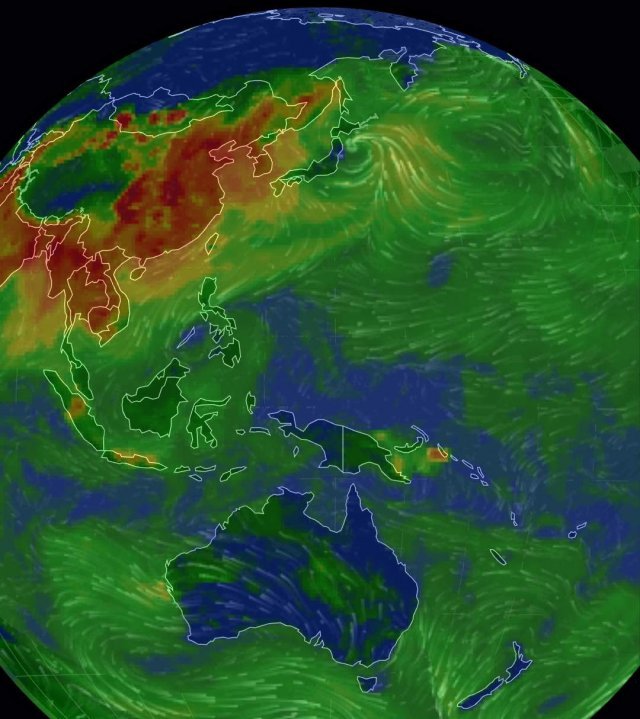 중국을 비롯한 인도 한국 일대는 미세먼지 수치가 높아 붉게 보인다. 반면 공기질 1위인 멜버른을 비롯한 호주는 파랗게 보인다.＜사진출처 www.iqair.com＞