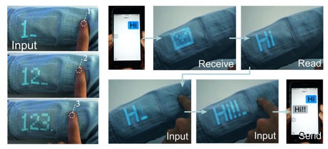 펑후이성 중국 푸단대 거대분자과학부 교수 연구팀이 개발한 전자섬유.  팔목에 옷감처럼 사용해 내비게이션 화면으로 활용하거나 스마트폰과 연결해 메시지도 보낼 수 있다. 중국 푸단대 제공