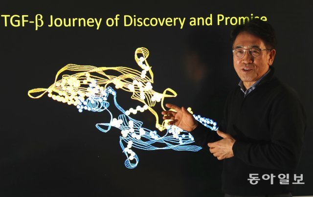김성진 대표가 서울 서초동 본사에서 TGF-β 수용체 유전자의 작동과정을 설명하고 있다. 그는 한국인으로 최초, 세계적으로는 5번째로 게놈 염기서열을 해독한 석학이자 기업인으로 알려져 있다. 이훈구기자 ufo@donga.com