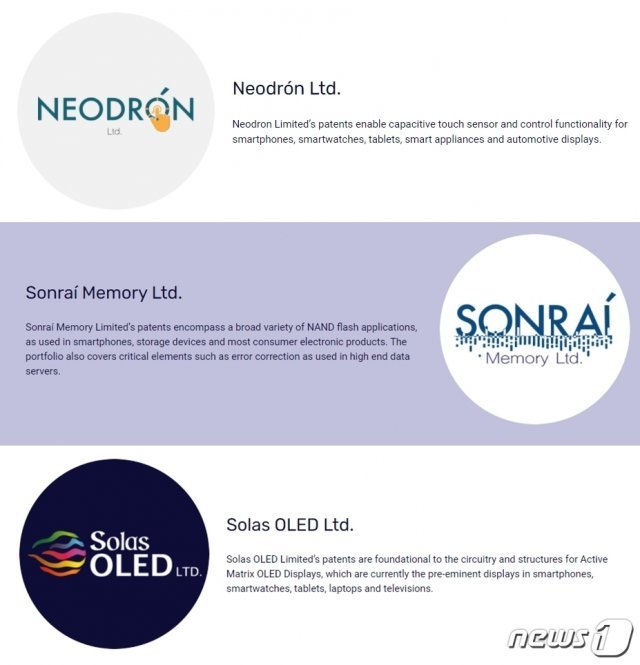 아일랜드 더블린에 본사를 둔 특허전문관리회사(Non Practicing Entity·NPE)인 아틀란틱IP(Atlantic IP)의 자회사 포트폴리오에 포함된 네오드론, 솔라스OLED, 선래이메모리. 이들 3개 기업은 모두 미국에서 삼성과 LG를 상대로 최근 2년간 특허침해 소송을 낸 바 있다.(사진=아틀란틱IP 홈페이지) © 뉴스1