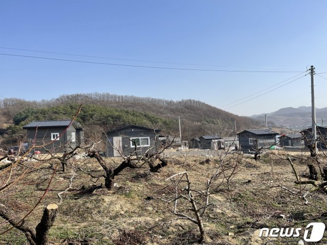 충북 충주 대소원면 완호리 바이오헬스 국가산단 예정지에 지어진 조립식 주택 앞으로 듬성듬성 심겨진 나무가 보이고 있다.2021.3.17/© 뉴스1