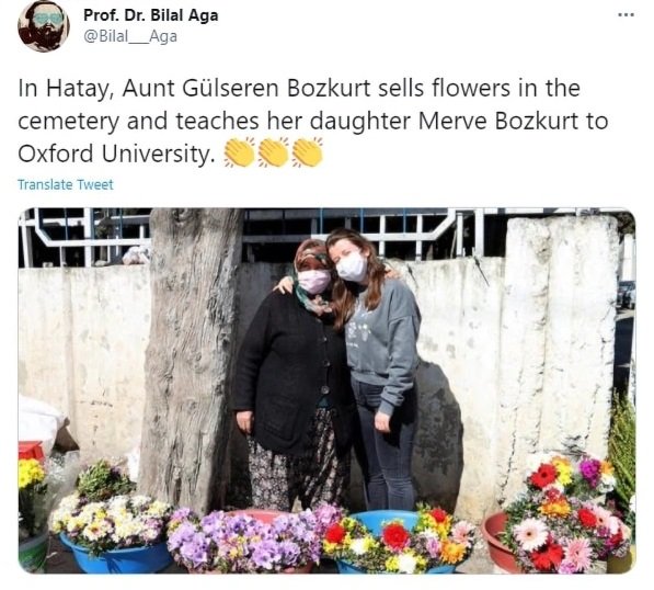 공동묘지에서 꽃을 팔아 딸 메르베(오른쪽)의 학비를 마련한 굴스렌. 트위터 캡처