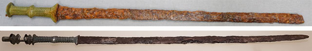 충북 청주 오송의 백제 무덤에서 발견된 칼(위 사진)과 중국 라오허선 유적에서 발견된 칼은 손잡이 모양이 비슷하다. 오송에서 발견된 칼은 200여 년 뒤의 유물이지만, 이를 통해 북방에서 내려온 사람들이 백제에 정착해 어울려 살았음을 추정할 수 있다. 강인욱 교수 제공