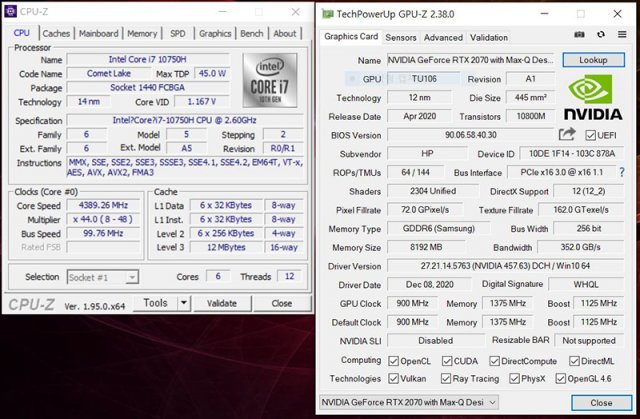 CPU-Z 및 GPU-Z를 통해 확인한 HP 오멘 15의 성능. 출처=IT동아