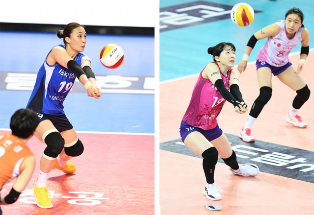IBK기업은행 표승주(왼쪽 사진)와 흥국생명 김미연은 각 팀의 리시브 절반을 책임지는 살림꾼이다. 22일 열리는 여자부 플레이오프 2차전 승패도 두 선수가 자신에게 몰리는 서브 목적타를 얼마나 견뎌내느냐에 달렸다. KOVO 제공
