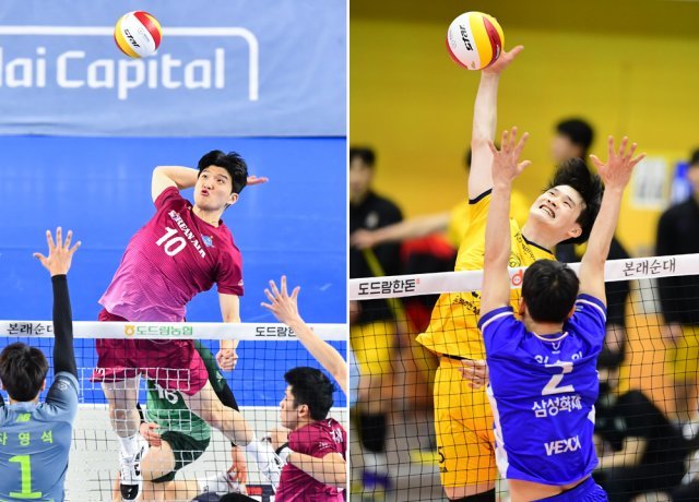 대한항공 정지석(왼쪽)과 KB손해보험 김정호.