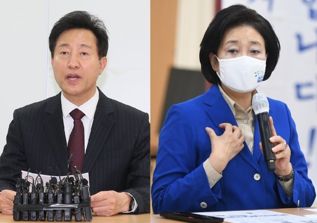 왼쪽부터 국민의힘 오세훈 후보, 더불어민주당 박영선 후보. 사진공동취재단