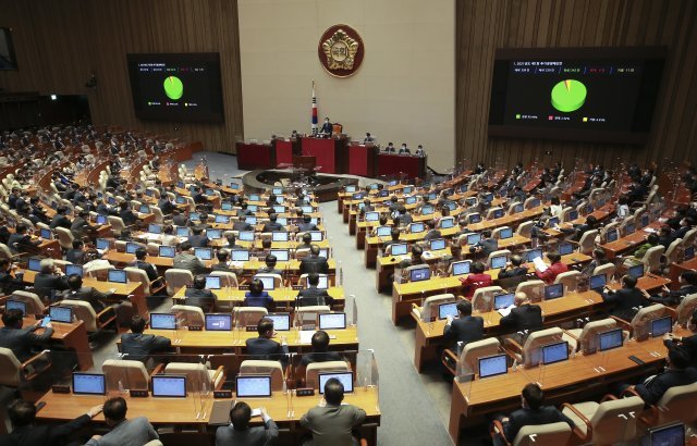 25일 오전 서울 여의도 국회에서 열린 본회의에서 2021년도 제1회 추가경정예산안을 가결했다. 사진공동취재단