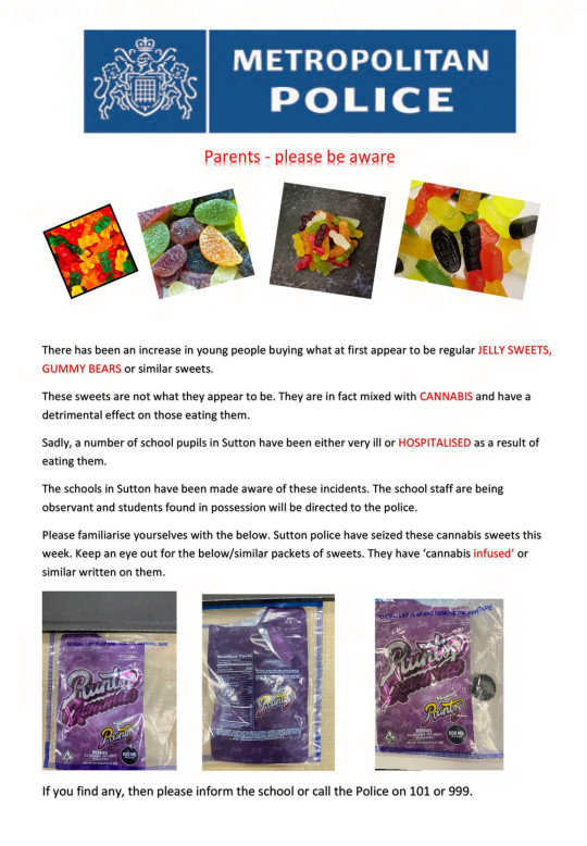 런던 남부 지역의 학부모들에게 발송된 대마초 위장 간식 주의 공문. 런던 경찰청 제공